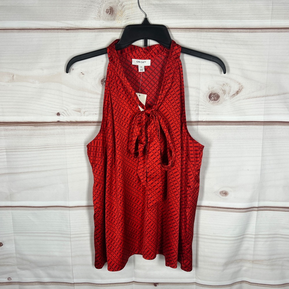 ON 34TH Satin Top Women Medium Red Geometric Pussybow Neck Sleeveless Pullover